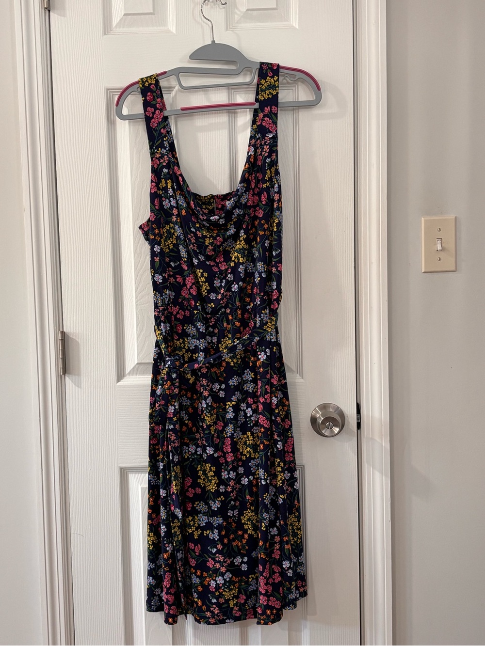Leota Navy Floral Cowl-Neck Midi Dress with Tie Waist - Picture 2 of 11
